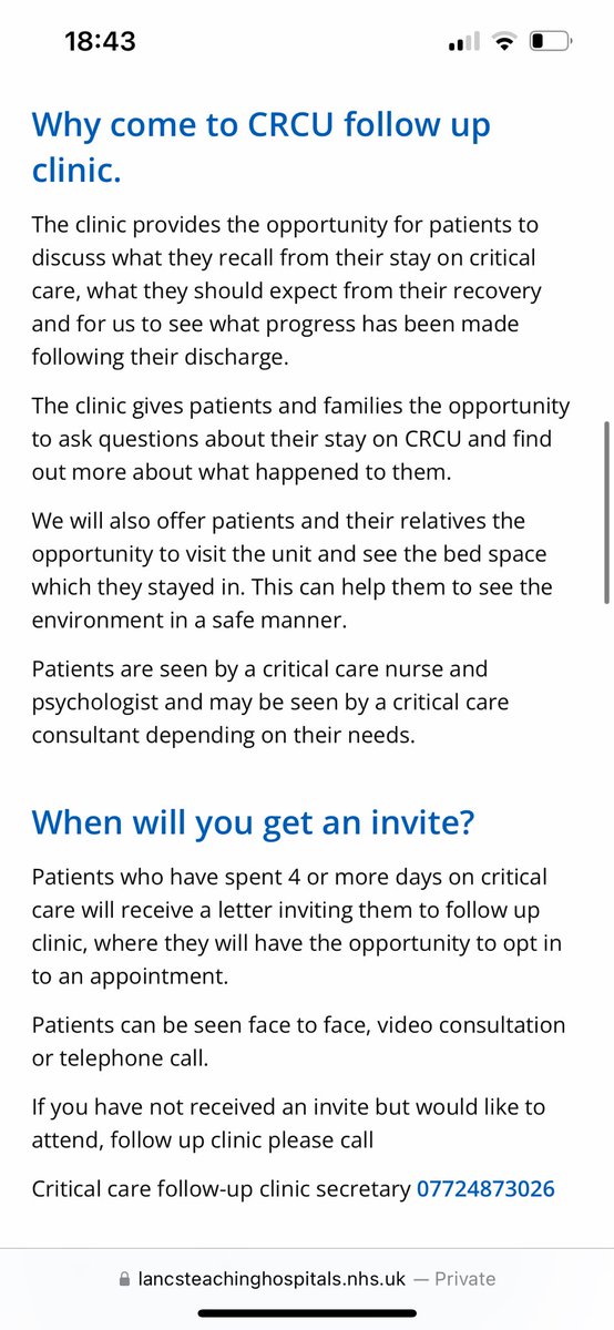 Please see the link to more information on our follow up clinic. This is a fantastic service that continues to support our patients during their recovery <a href="/LancsHospitals/">Chorley & Royal Preston</a> <a href="/RPHCrCUsupport/">After Critical Care Support Group</a> <a href="/shellealbon/">Michelle Albon</a> <a href="/sarahmcmullan15/">sarah mcmullan</a> <a href="/JoAgnew74/">Joanne Agnew</a> <a href="/deborahomahoney/">Debbie</a> 

lancsteachinghospitals.nhs.uk/our-services?s…