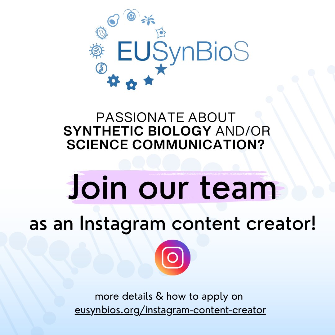 EUSynBioS's tweet image. 🚨 Join us as an Instagram Content Creator!

Passionate about #SyntheticBiology and/or #ScienceCommunication? 
Join us to help grow our online community!

Interested? 👇 
Check our website for full details and how to apply!
eusynbios.org/instagram-cont…