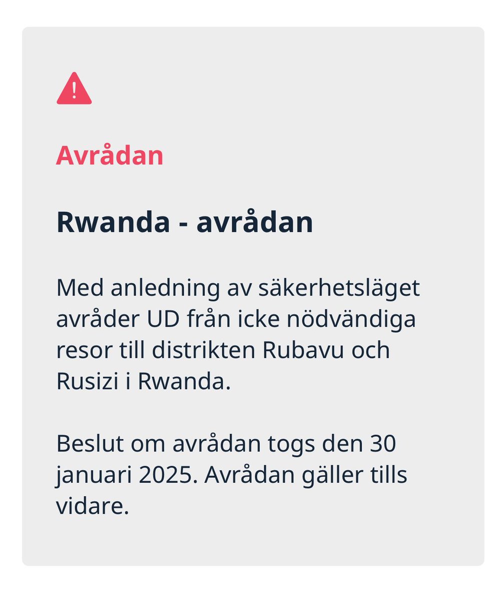 SwedeninRW's tweet image. Från och med den 30 januari avråder UD från icke nödvändiga resor till distrikten Rubavu och Rusizi i Rwanda.