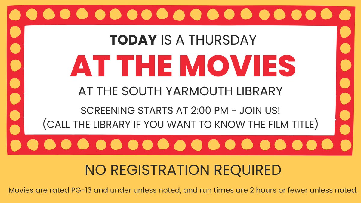 It's a "Thursdays at the Movies" Day! Today, January 30, at 2:00 p.m. at the South Yarmouth Library we've got a classic film, a screwball comedy from 1941. Also this week there is popcorn! Do join us.