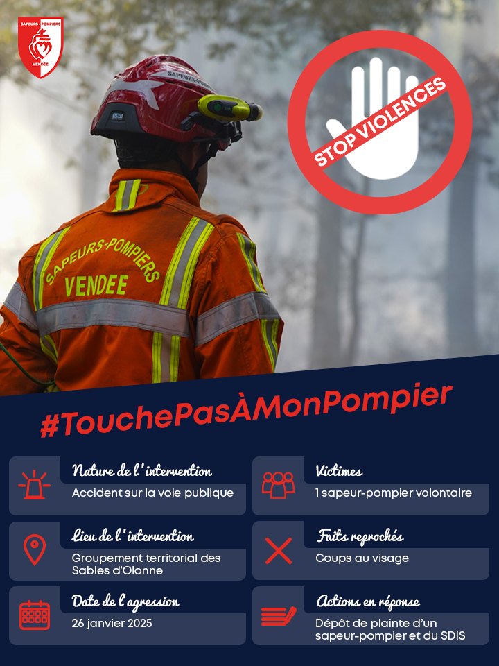 [AGRESSION]
📆 Le 26 janvier 2025, 1 sapeur-pompier de #Vendée a été agressé lors d’une intervention.  
Le <a href="/SDIS85/">Sapeurs-pompiers de la Vendée</a> apporte tout son soutien au sapeur-pompier ainsi qu’à sa famille. 
#touchepasàmonpompier #agression
