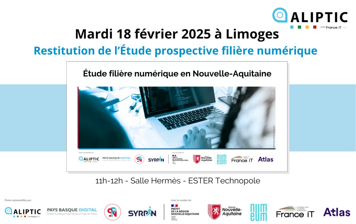 𝗘𝗩𝗘𝗡𝗘𝗠𝗘𝗡𝗧 | La filière Numérique : portrait régional et prospective 2024-2028

🔵 Mardi 18 fév. à 11h à <a href="/EsterTechnopole/">ESTER Technopole</a>
🔵 my.weezevent.com/evenement-de-r…

👉  Présentation des résultats l'étude prospective régionale, des dynamiques et perspectives, des attentes et besoins