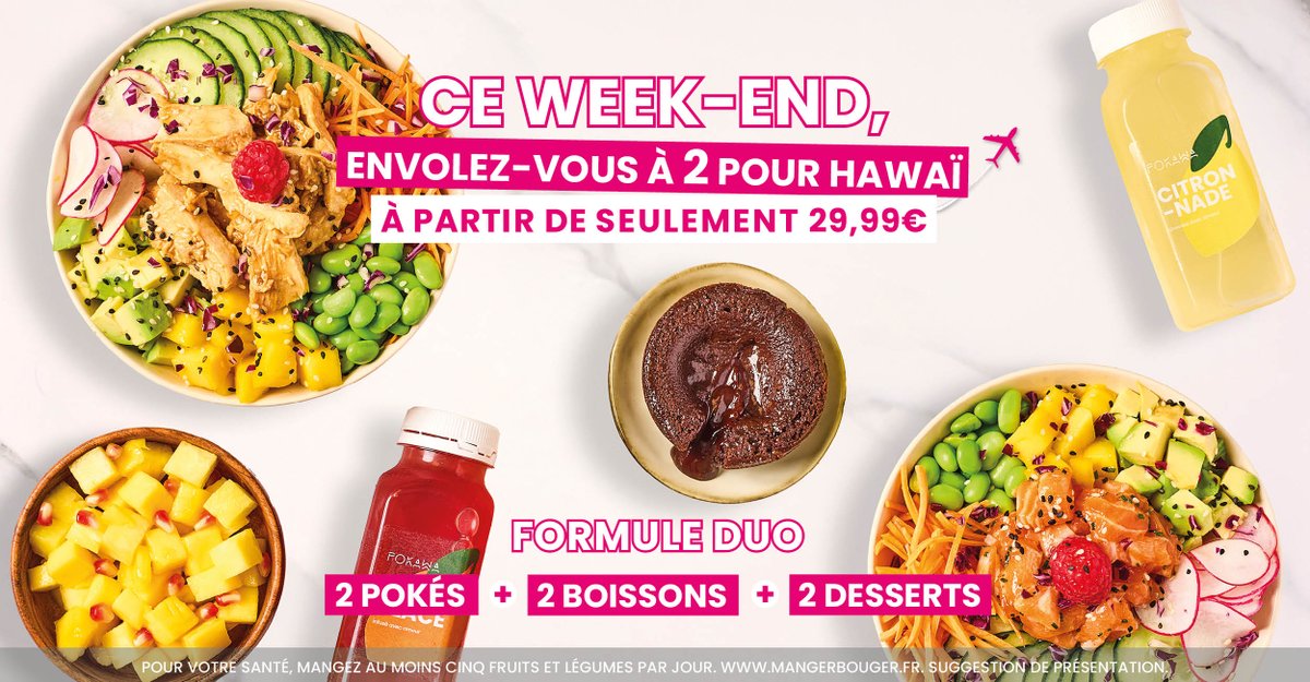 Une raison de plus pour aimer le week-end ! 😍🌈

Dès aujourd’hui et TOUS LES WEEK-ENDS, profitez d’une formule duo comprenant 2 pokés + 2 boissons + 2 desserts pour seulement 29,99€ !!🥳

Alors, vous attendez quoi pour faire voyager vos papilles ?✈️

📱Commandez via notre App,