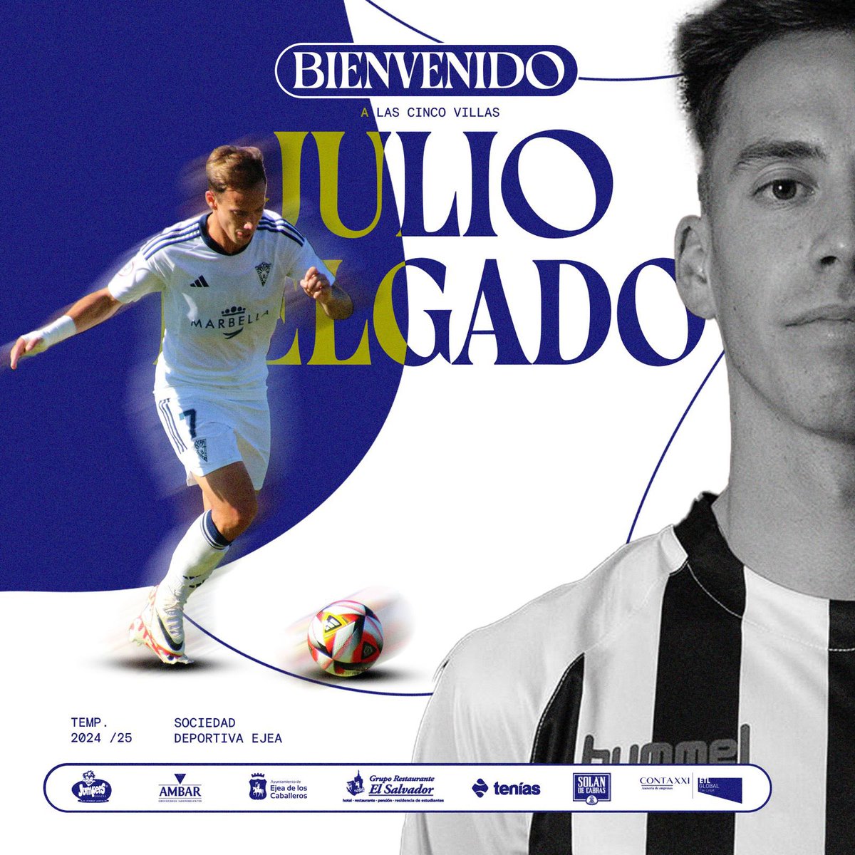 🚨𝐎𝐅𝐈𝐂𝐈𝐀𝐋🚨

𝐉𝐮𝐥𝐢𝐨 𝐃𝐞𝐥𝐠𝐚𝐝𝐨, nuevo jugador de la SD Ejea✍️

Atacante que suele actuar de extremo izquierdo, habilidoso y con mucho desborde⚡️

🔝Más de 200 partidos en 2ªB / Segunda Federación.

¡Bienvenido!😍

#HemosVuelto💙
