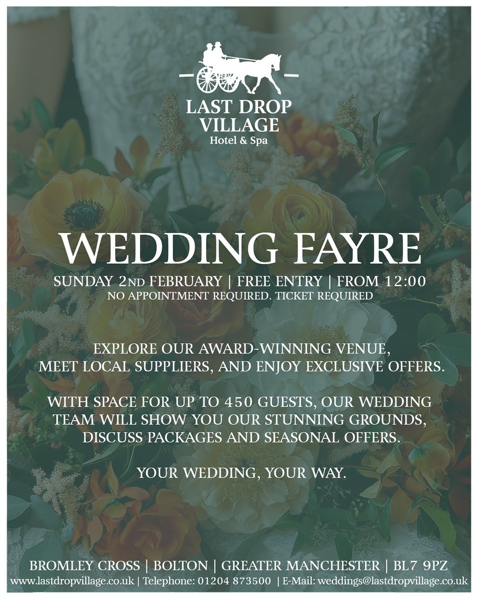 Wedding Fayre this SUNDAY! #FREEentry 
<a href="/TheBoltonNews/">The Bolton News</a> <a href="/boltoncouncil/">Bolton Council</a> <a href="/Thebestofbolton/">thebestof bolton</a> 
<a href="/RebeccaKarenWed/">RebeccaKarenWeddings</a> <a href="/IceEntUK/">Ice Entertainment UK</a> <a href="/BBCRadioManc/">BBC Manchester</a>  <a href="/BBCLancashire/">BBC Lancashire</a> <a href="/ConfettiWedding/">Confetti.co.uk</a> <a href="/PinkVenues/">Pink Wedding Venues</a> <a href="/WedInspiration/">Wedding Inspiration</a>  @AlthamsTravel 
#weddingfayre #wedding #couplegoals