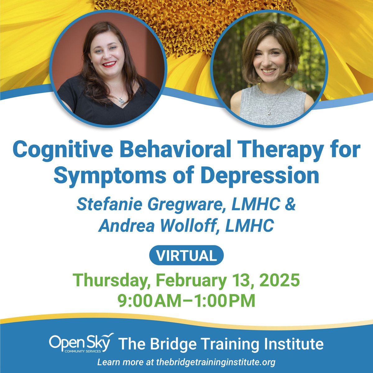 Learn effective CBT techniques for managing depression in this virtual training on February 13, 2025 from 9:00 AM to 1:00 PM.

bridgetraininginstitute.givecloud.co/product/CBT-Sy…

#CBT #Training #ProfessionalDevelopment