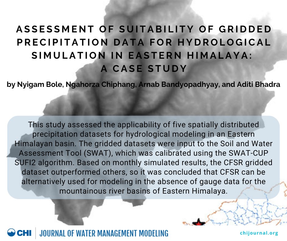 The JWMM has published "Assessment of Suitability of Gridded Precipitation Data for Hydrological Simulation in Eastern Himalaya: A Case Study" by Nyigam Bole, Ngahorza Chiphang, Arnab Bandyopadhyay, and Aditi Bhadra. For more information visit chijournal.org