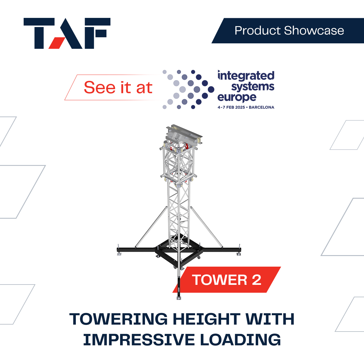 See <a href="/TrussAluFactory/">Truss Aluminium Factory</a>'s Tower 2 at <a href="/ISE_Show/">ISE</a>, booth 6J550! Heavy-duty #TT44 #truss, and a #quicklock connection system for fast and easy assembly. #Tower2 can reach heights up to 12m (39.4ft) and handles loading capacities up to 2000kg (4,409 lbs)! 
eu.taf.cz/towers/tower-2

#ad