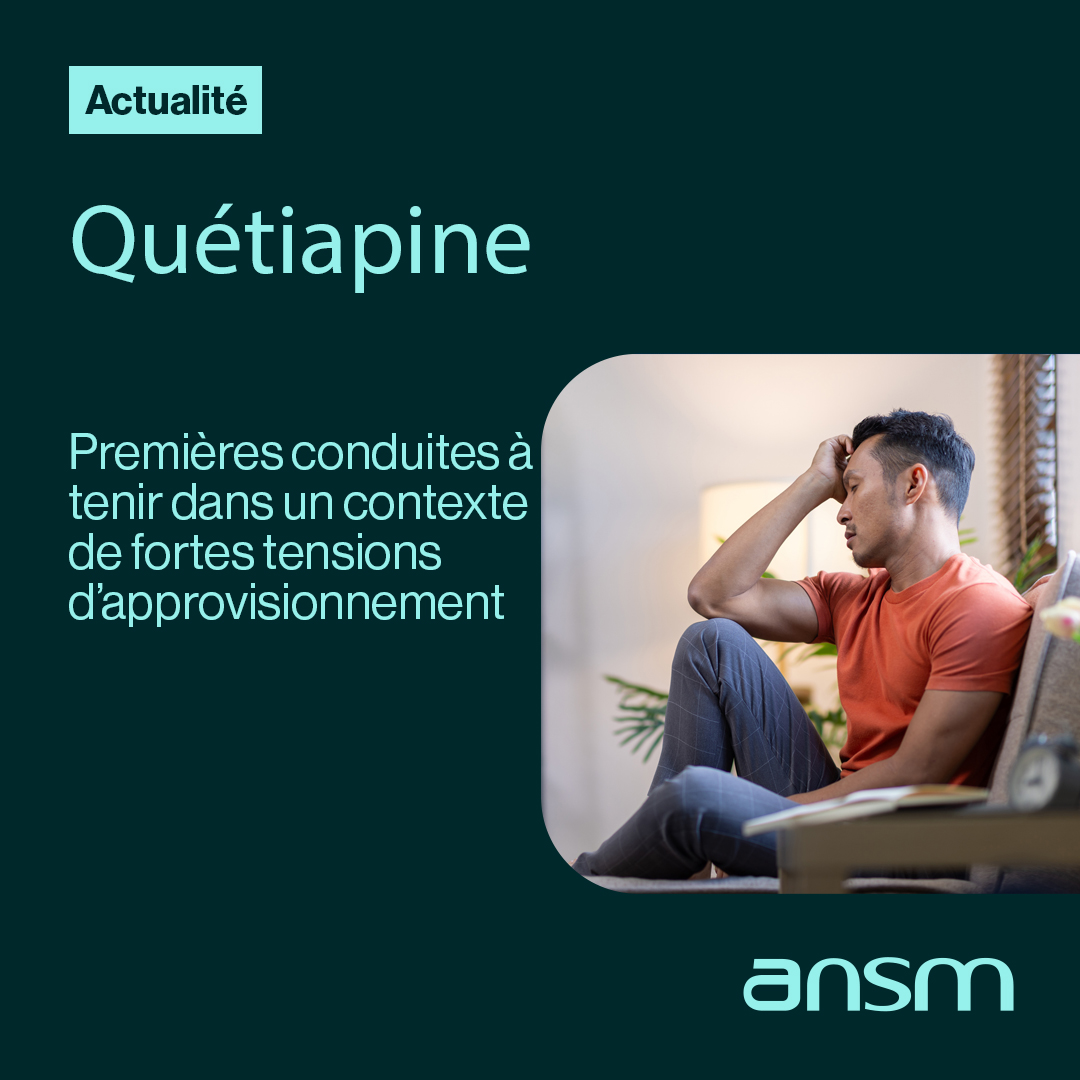 ansm's tweet image. Tensions d’approvisionnement en quétiapine (Xeroquel LP et génériques)

↪️ Nous formulons, en concertation avec les représentants des professionnels de santé, des conduites à tenir pour permettre la continuité de traitement des patients

➕ d'information : ow.ly/7lnY50UQnaI