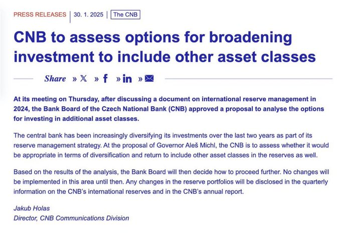 alberto_mera's tweet photo. El Banco Central de la República Checa aprueba la inversión en "otros activos", a petición de su gobernador que quiere poner un 5% de las reservas en Bitcoin.
En este vídeo hablo de dicho gobernador y sus razones. https://t.co/y5mjKC97BH