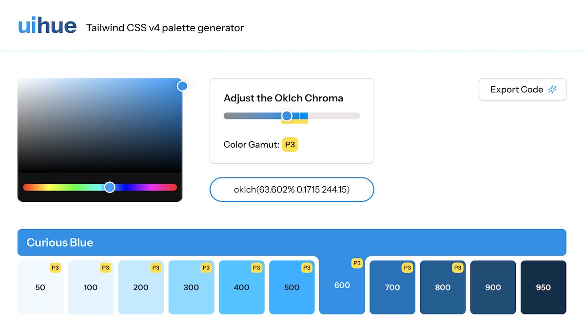 Hey fellow devs! Just launched UIHue - a quite “nerdy” free tool I built for generating P3-gamut color palettes for <a href="/tailwindcss/">Tailwind CSS</a> v4. Check it out if you're into the new color space of Tailwind 4! 🎨🤓
After the weekend you'll be able to save palettes, too
uihue.com