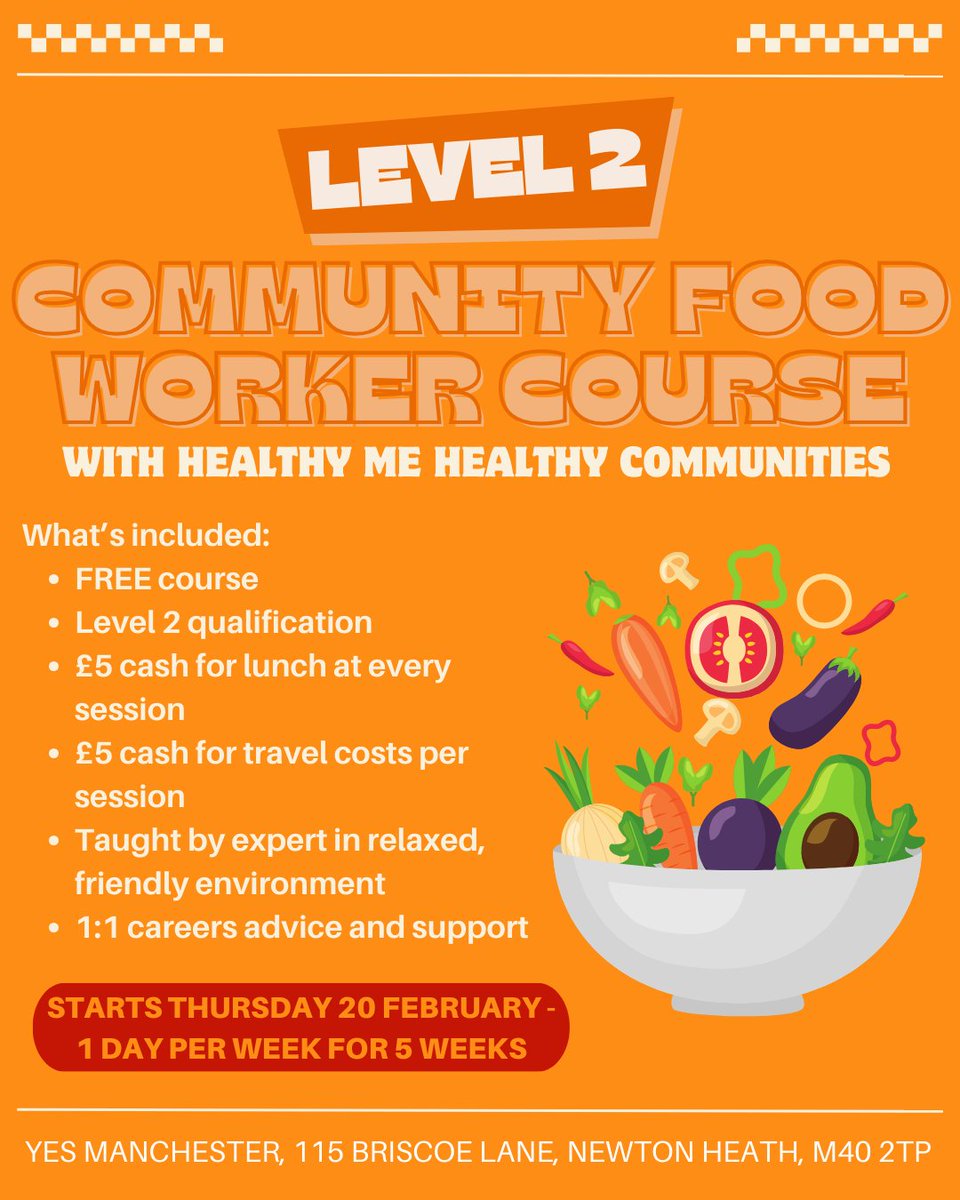 Yes (@yesmcr) on Twitter photo We’re offering a FREE five-week Level 2 Community Food Worker course at our Newton Heath centre. Have a passion for food? This could be for you. It starts on February 20 and we’ll even give you up to £5 per day for travel expenses. Email info@yesmanchester.co.uk for more info! We’re offering a FREE five-week Level 2 Community Food Worker course at our Newton Heath centre. Have a passion for food? This could be for you. It starts on February 20 and we’ll even give you up to £5 per day for travel expenses. Email info@yesmanchester.co.uk for more info!