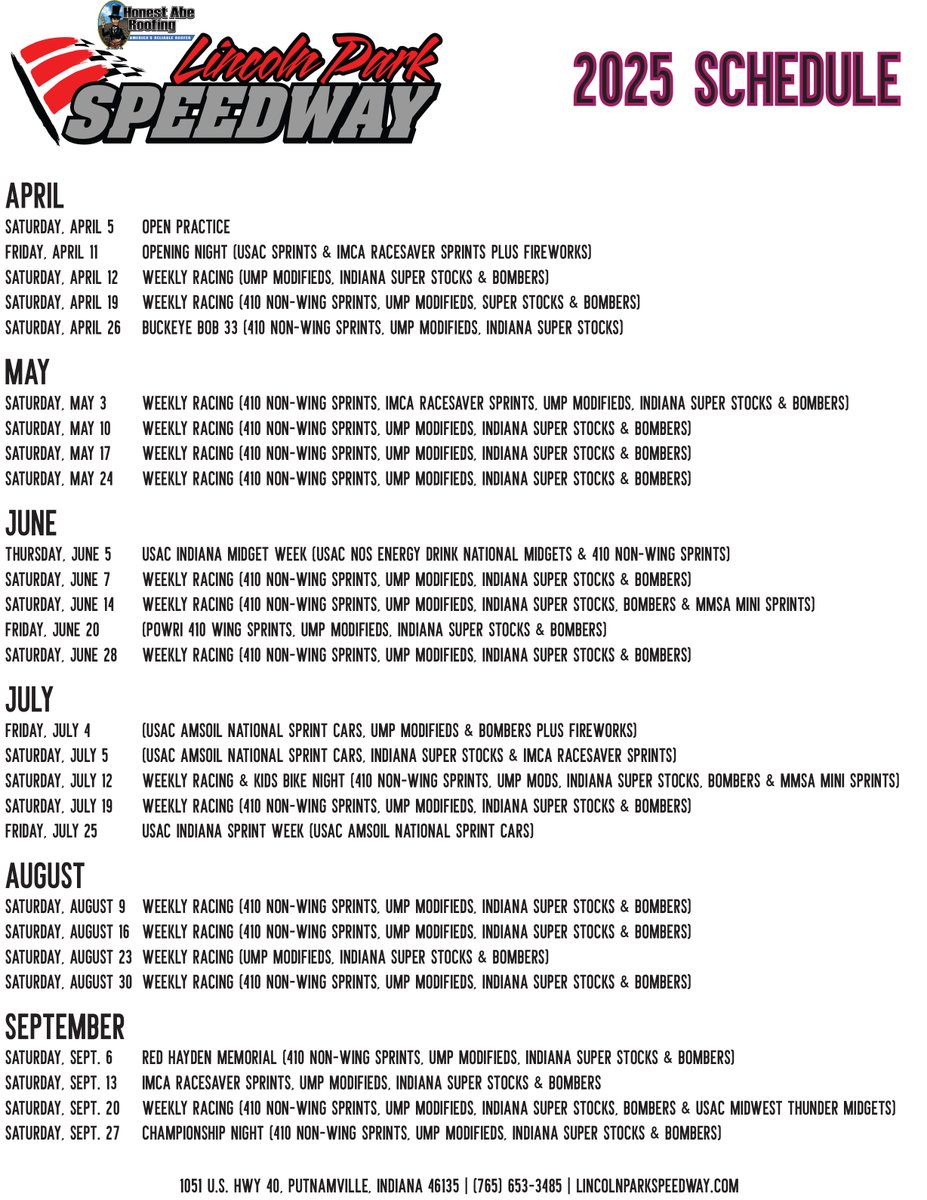The official schedule at <a href="/HonestAbeRoof/">Honest Abe</a> <a href="/RaceLincolnPark/">Lincoln Park Speedway</a> in 2025. 👇