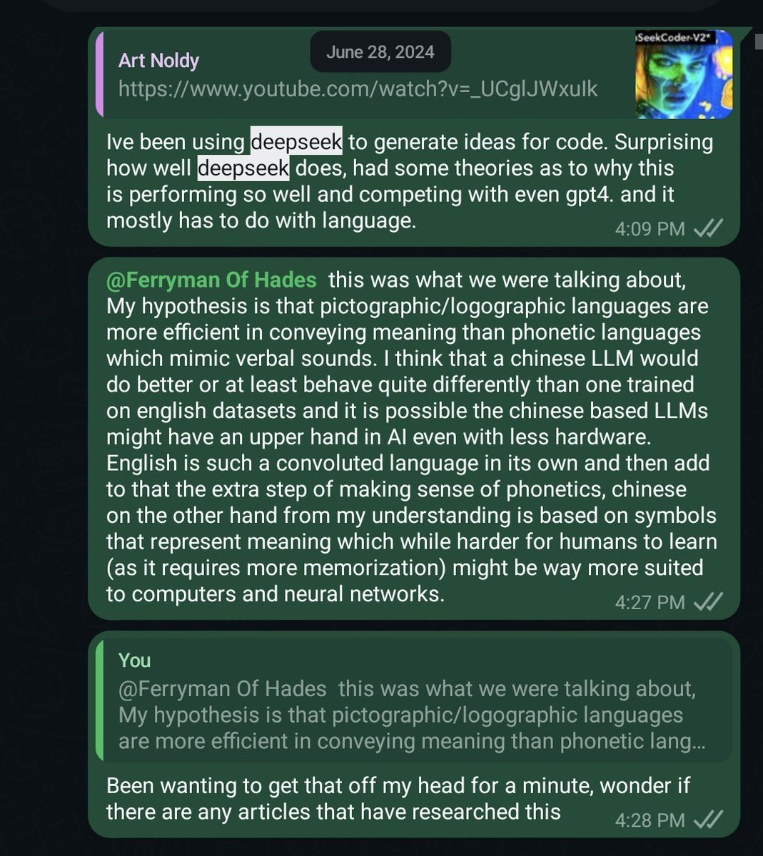 Last Year I had a vague hypothesis that I shared with a friend. I still think the information density and structure of the Mandarin dataset accounts for at least part  of the efficiency we are seeing today  #DeepSeekR1  #AI #openai