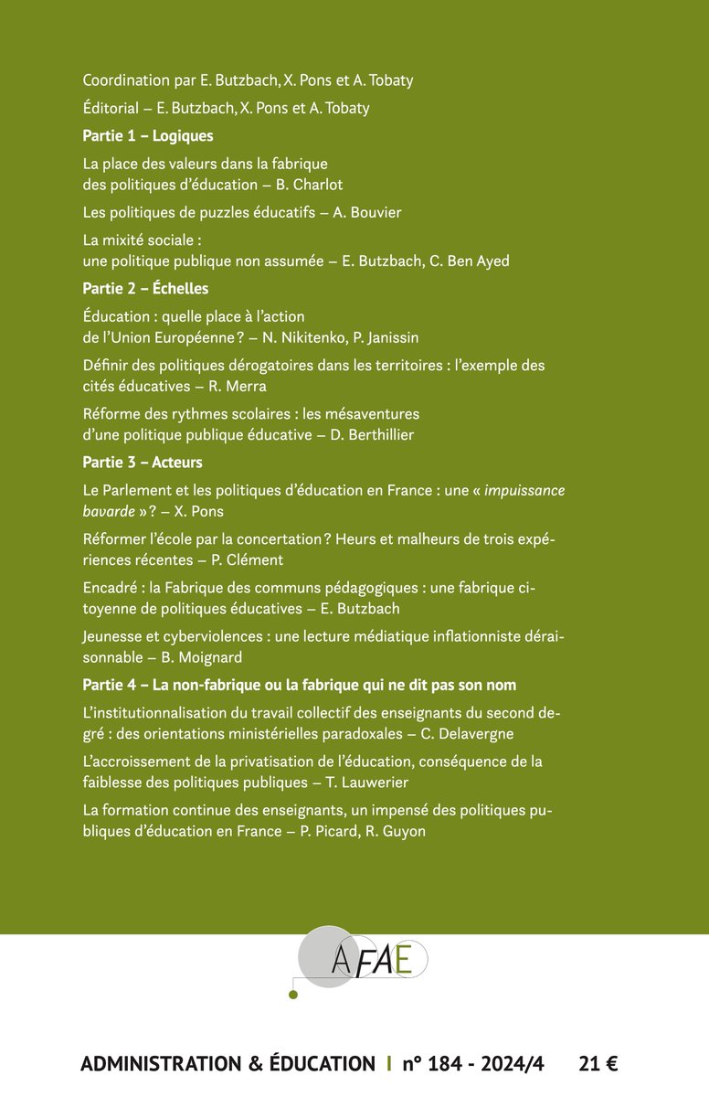 Parution du n° 184 de la revue Administration &amp; Éducation (2024/4):

"La fabrique des politiques publiques d’éducation, cacophonie ou nouveaux paradigmes ?"

Coord.: É. Butzbach, X. Pons et A. Tobaty

Sommaire et commande en ligne : afae.fr/publications-n…