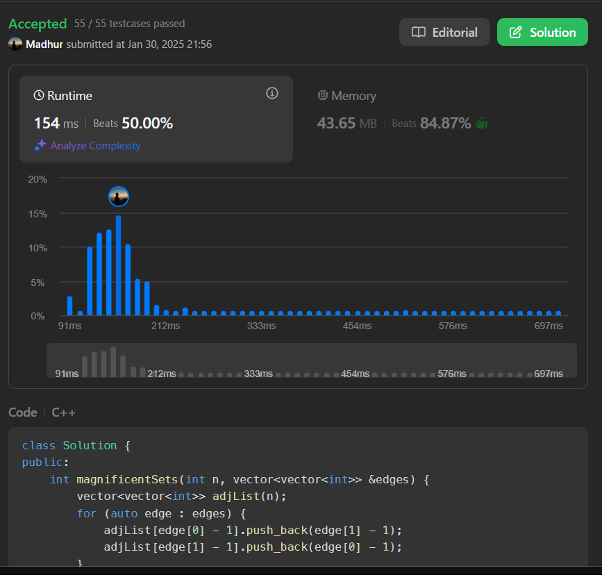 MadhurBoard's tweet photo. 🎯 Day 58/100 of My LeetCode Challenge 🎯
🚀 Problem: Divide Nodes Into the Maximum Number of Groups
🔑 Solution: Used BFS and graph coloring to determine the maximum valid partitioning of nodes while maintaining adjacency constraints.
#LeetCode #100DaysOfCode https://t.co/qJVZVa7kLH