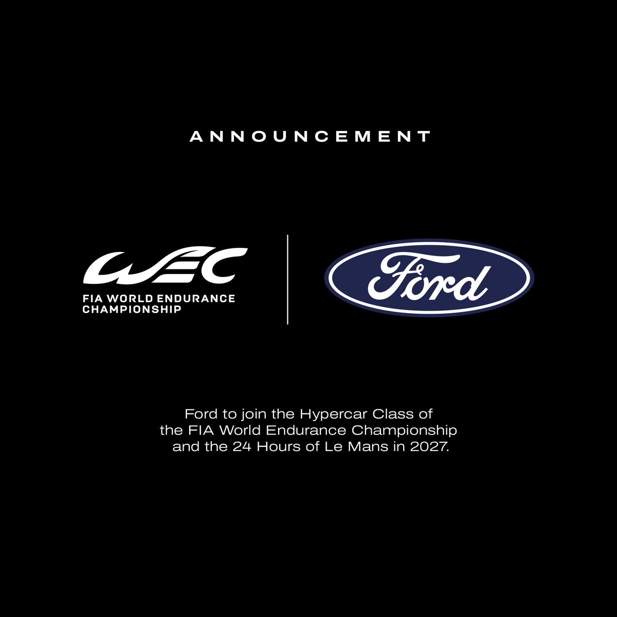 FIAWEC's tweet image. BREAKING: Ford to enter Hypercar class.

Ford has today announced that it will enter the Hypercar class of the FIA World Endurance Championship and the 24 Hours of Le Mans in 2027.

We officially have another brand new Hypercar on its way.
 
#WEC #Ford @Ford @FordPerformance…