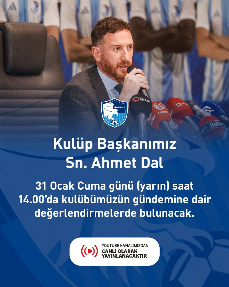 🎙️Kulüp Başkanımız Sayın Ahmet Dal 31 Ocak Cuma günü (yarın) saat 14.00’da kulübümüzün gündemine dair değerlendirmelerde bulunacak.