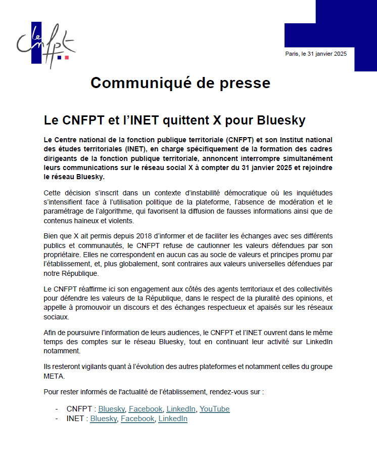 📢 Le CNFPT et l'<a href="/INET_CNFPT/">INET</a> stoppent leurs communications sur X.
Rejoignez-nous sur #Bluesky pour poursuivre les échanges dans un espace plus apaisé et aligné avec nos valeurs d'égalité, de tolérance et d'unité ➡️bsky.app/profile/cnfpt.…

📝 Lire le CP ➡️cnfpt.fr/sinformer/espa…