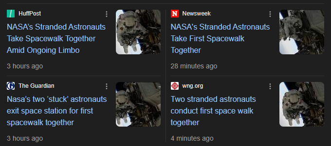 ISS spacewalk currently underway. Suni Williams just surpassed Peggy Whitson's record for most spacewalk hours completed by a woman. Incredible.

Meanwhile the press:
