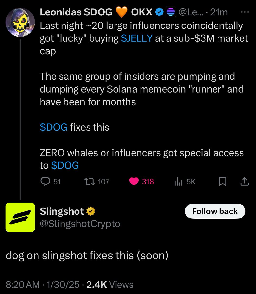 Cryptolution's tweet photo. 🚨JUST IN: @SlingshotCrypto hints at $DOG listing on app soon. https://t.co/jlWWrPJ7BH