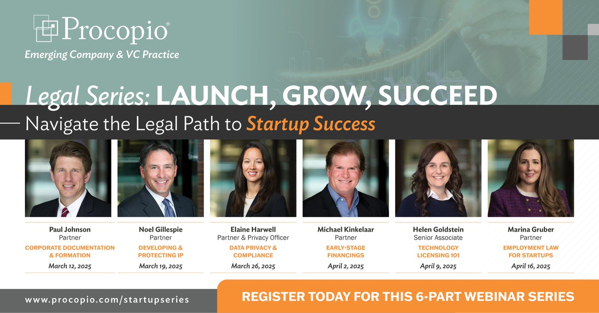 Take your startup to the next level with our 6-week webinar series Wednesdays March 12-April 16. Learn how to structure your business, protect your secret sauce, attract investors, break into new markets, and tackle tricky data &amp; employment challenges. law.procopio.com/legal-series-s…