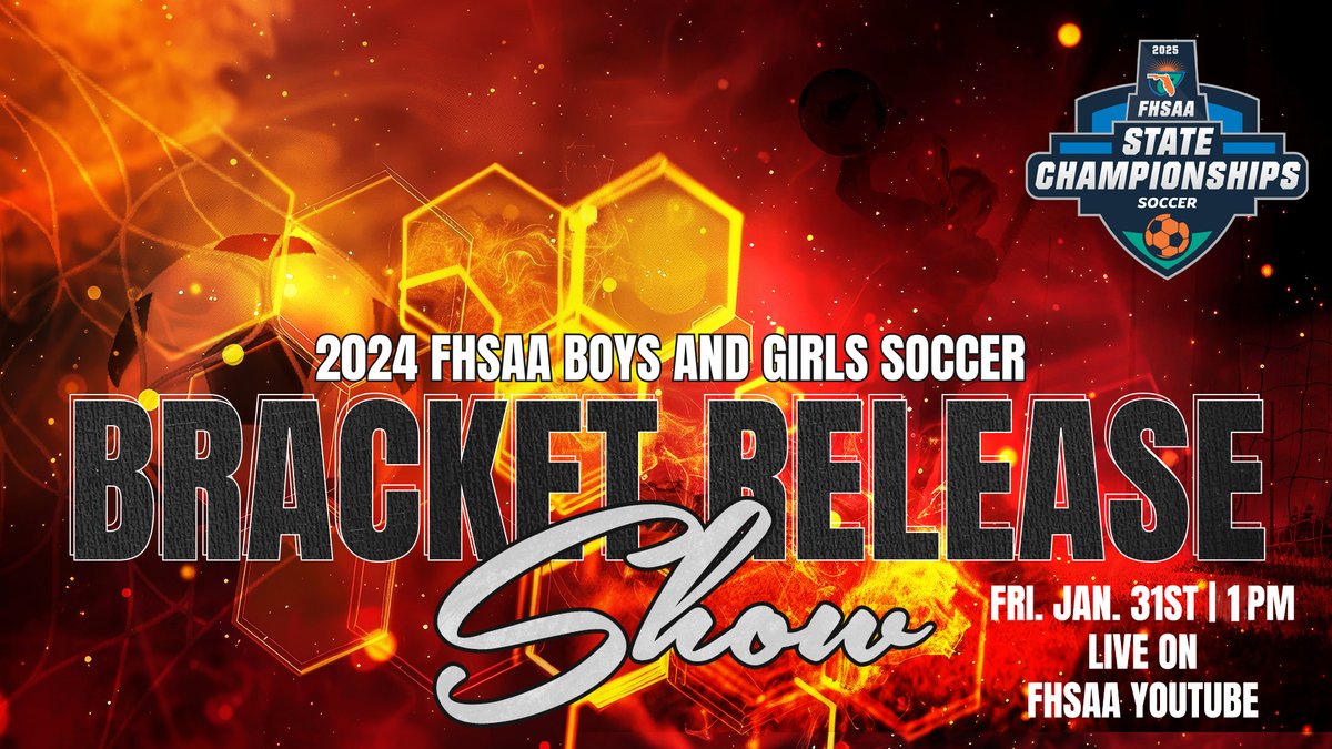 🚨 Bracket Reveal Alert! 🚨

The 2024 #FHSAA Boys &amp; Girls Soccer Bracket Release Show is set! ⚽🏆

📅 Friday, January 31st
⏰ 1 PM ET
📺 LIVE on #FHSAA YouTube
Tune in as we unveil the road to the State Championships! Who's in? Who's hosting? Find out LIVE! 🔥 #RoadToState