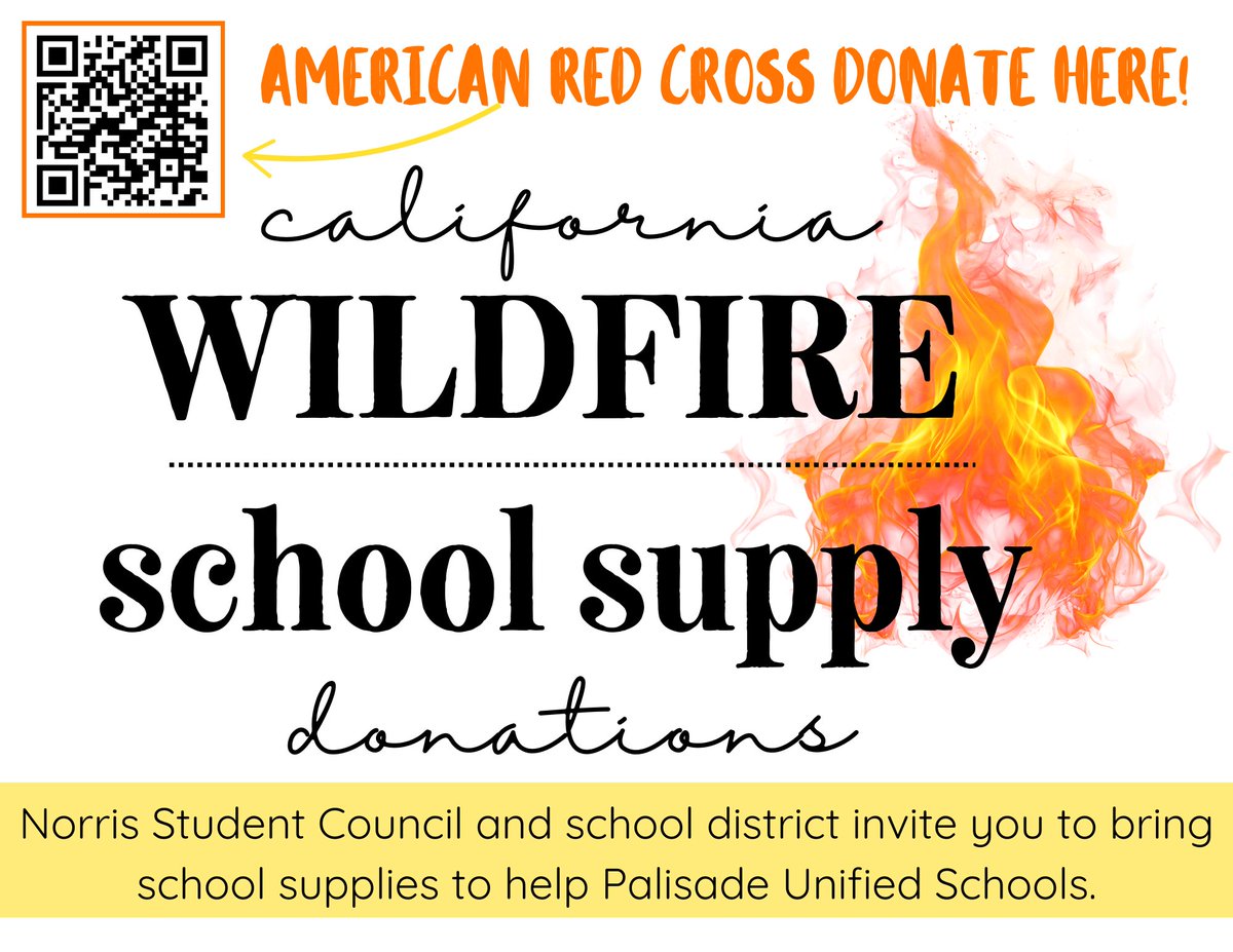 Norris StuCo is helping collect school supplies for students in California.  Supplies will be collected at the Feb. 4th home BB games.