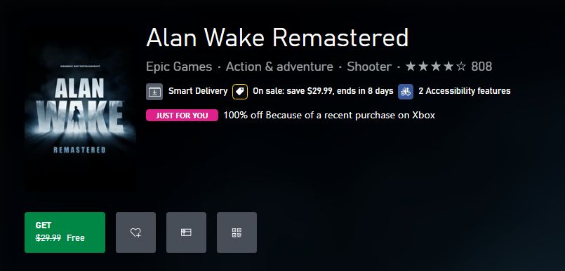Alan Wake Remastered is free on XBL:

-Claim free trial of Alan Wake 2 buff.ly/3PVxiQg 
-Alan Wake Remastered will appear free: buff.ly/3PYF37W