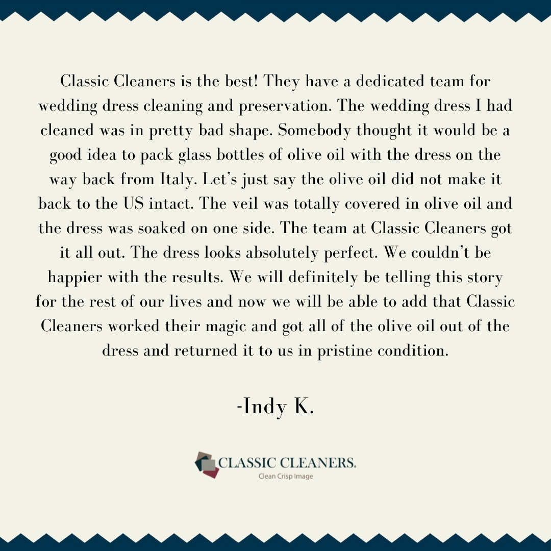CleanCrispImage's tweet image. Thank you, Indy! We're so glad we could help save the day and your wedding dress! 🫒✨ Being the best in town means going the extra mile for moments that matter. 💍 #ClassicCleaners #WeddingDressCare #CustomerAppreciation