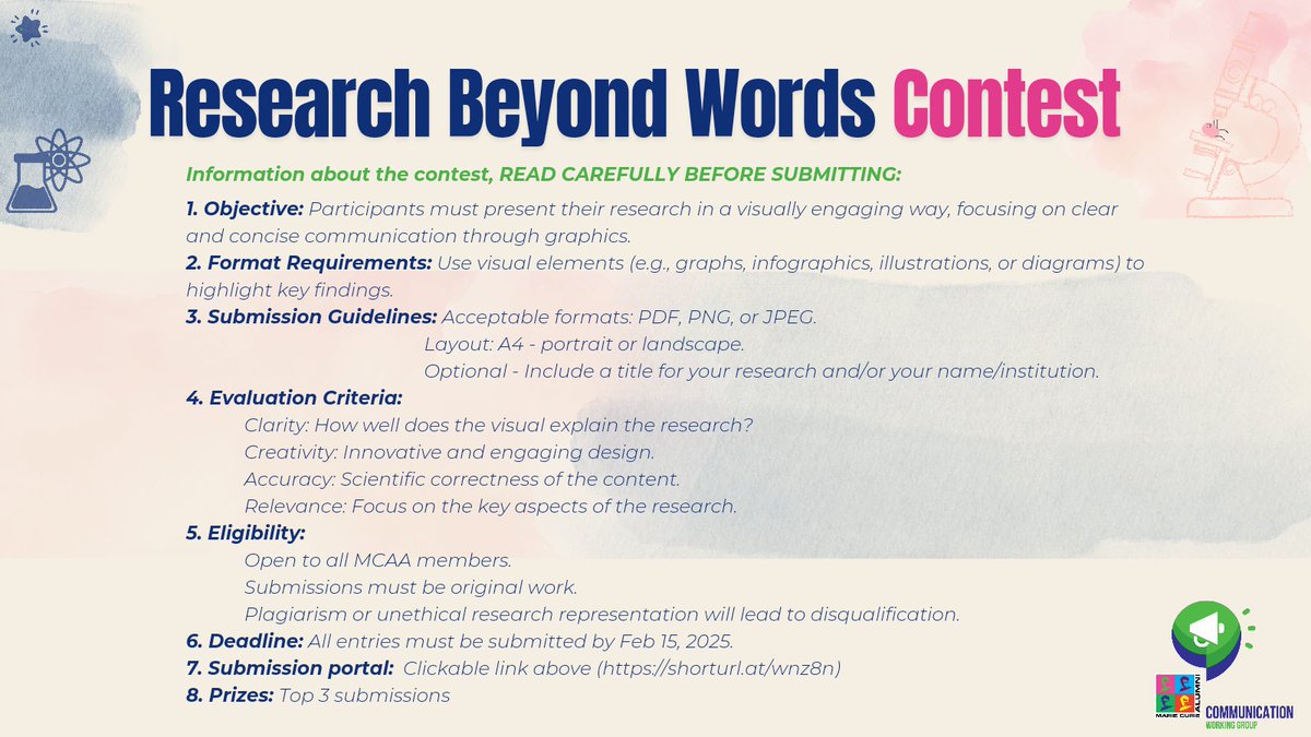 Mariecurie_alum's tweet photo. If you are ready to take on the challenge of presenting your research in an engaging and easily understandable visual format, join the contest organised by @MCAA_CommWG! 🎨

🔗 Learn more and submit your entry by February 15th: https://t.co/phn5Bz9tAC https://t.co/GWMrY3PjcE