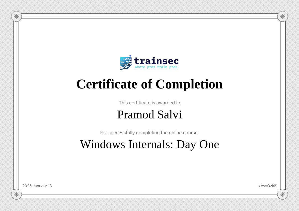 PramodSalvi20's tweet image. Excited to share that I’ve completed the Windows Internals training!

A big thank to @TrainSec @zodiacon and everyone who contributed to this training. Looking forward to applying these insights in real-world scenarios!

#WindowsInternals #CyberSecurity #Learning #WinDbg #Malware