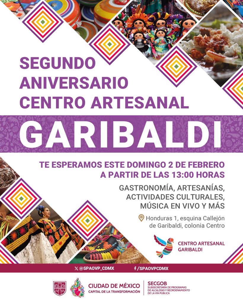 ¿Todavía no tienes planes para este domingo? 🤔

Ven con tu familia y amigos al Segundo Aniversario del Centro Artesanal Garibaldi y disfruta de gastronomía, artesanías, música en vivo, actividades culturales y mucho más. 🎼🏵️🍭

Celebra la creación de este importante lugar que