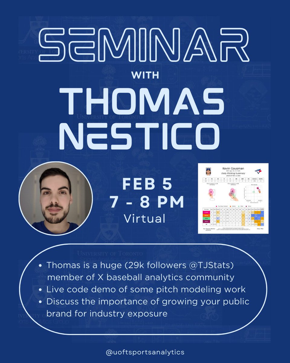 UofT Sports Analytics (@uoftspan) on Twitter photo Come join UTSPAN at our seminar led by Thomas Nestico on Wednesday, Feb 5 at 7pm! Thomas will do a live demo of his pitch modeling work and discuss the importance of growing your public brand for industry exposure! <a href="/TJStats/">Thomas Nestico</a>
Zoom link will be in the LinkTree in our bio Come join UTSPAN at our seminar led by Thomas Nestico on Wednesday, Feb 5 at 7pm! Thomas will do a live demo of his pitch modeling work and discuss the importance of growing your public brand for industry exposure! <a href="/TJStats/">Thomas Nestico</a>
Zoom link will be in the LinkTree in our bio