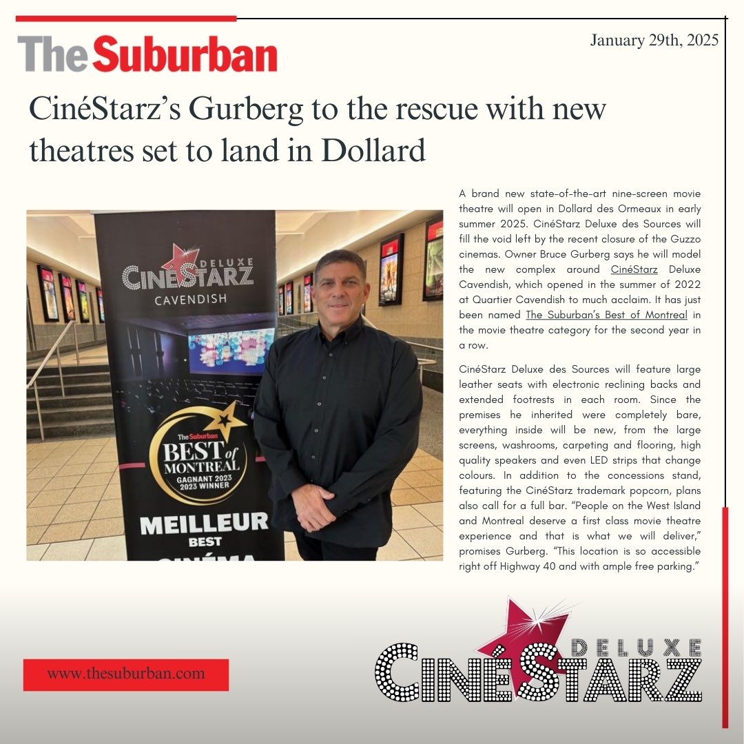 Check out this incredible article that Mike Cohen wrote for the TheSuburban about our exciting announcement of our newest location CinéStarz Deluxe des Sources set to open in early summer 2025🍿🎬 

READ MORE HERE:
thesuburban.com/columnists/mik…