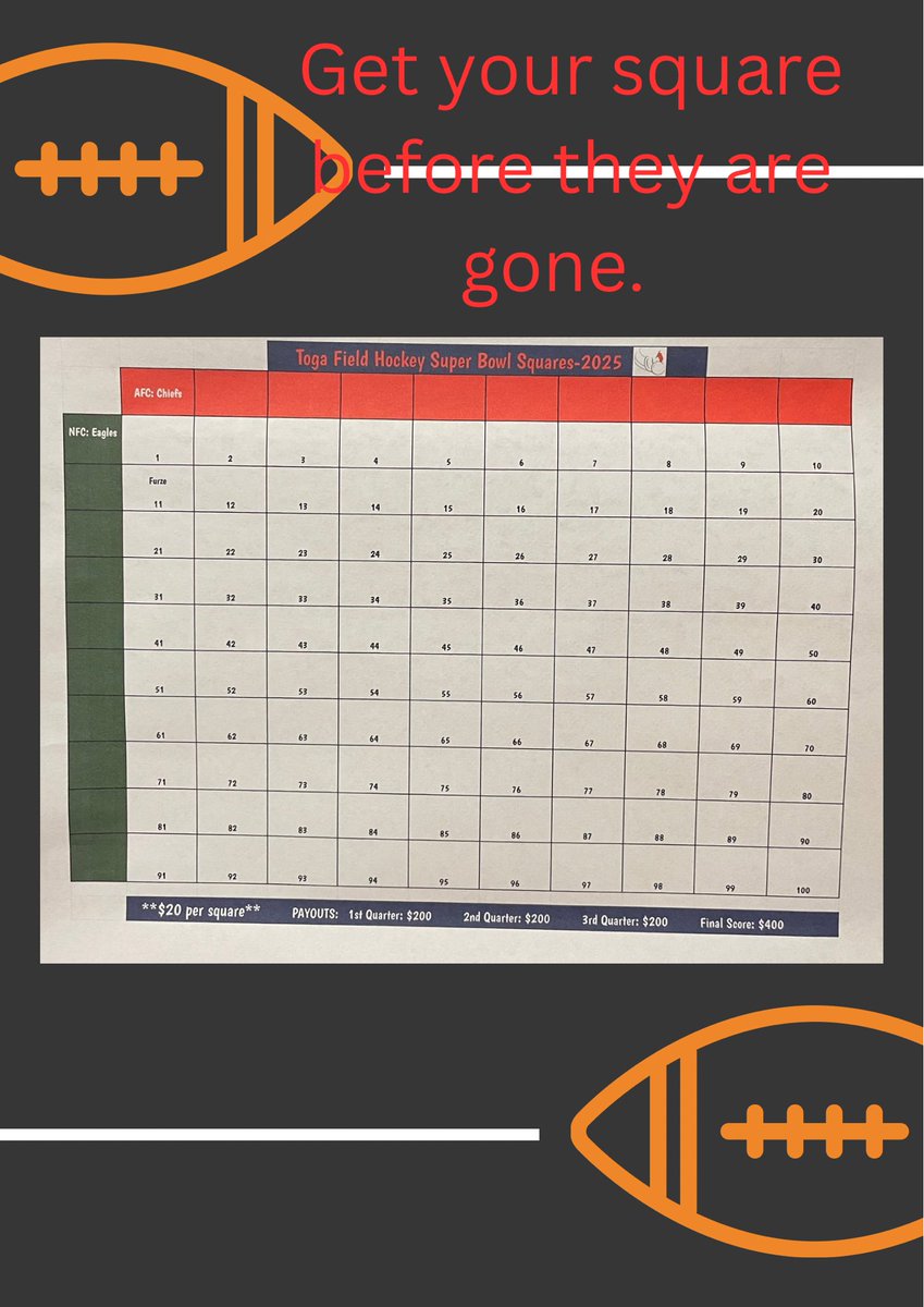 Saratoga Field Hockey (@togafieldhockey) on Twitter photo Saratoga ๐ is selling ๐ฆfor the Super Bowl! ๐ ๐ $1,000 -total payouts. Venmo $20 to <a href="/Heather/">Heather</a>-Mogan for a ๐ฆ. Last 4 digits of cell number is 9564 In Venmo put the name you want to appear "in quotes" for the ๐ฆ & your cell or email to receive the final Super Bowl Square link. Saratoga ๐ is selling ๐ฆfor the Super Bowl! ๐ ๐ $1,000 -total payouts. Venmo $20 to <a href="/Heather/">Heather</a>-Mogan for a ๐ฆ. Last 4 digits of cell number is 9564 In Venmo put the name you want to appear "in quotes" for the ๐ฆ & your cell or email to receive the final Super Bowl Square link.