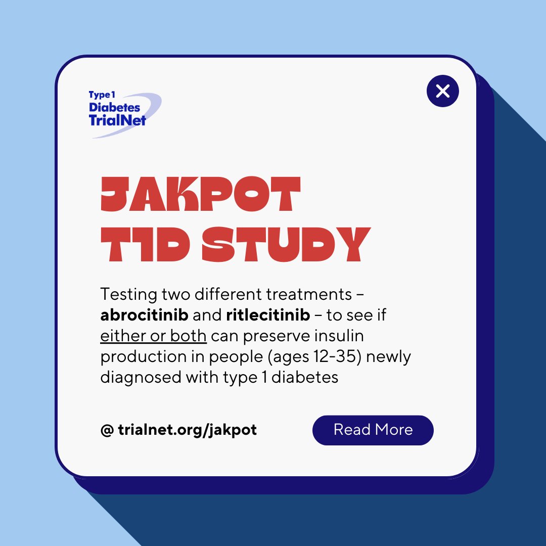 TrialNet's JAKPOT T1D Study is enrolling people who are newly diagnosed with Type 1 Diabetes within the past three months. 

Learn more about the study at trialnet.org/our-research/n…