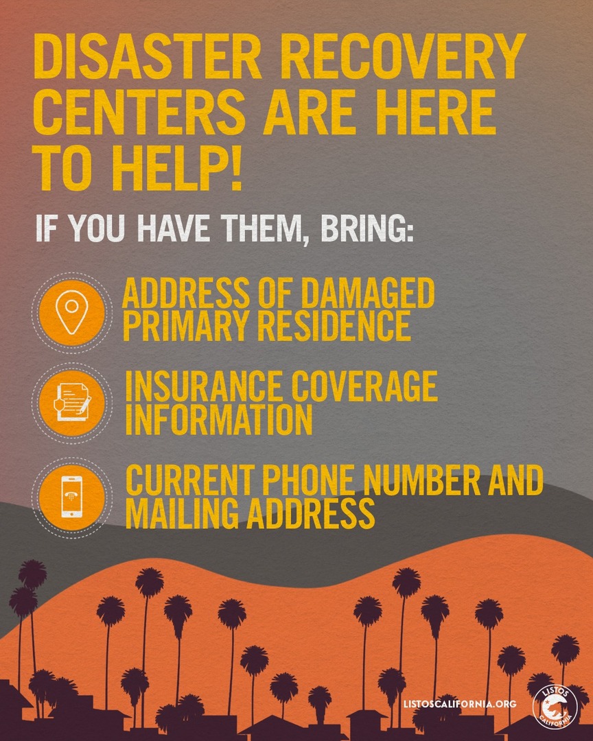 Were you impacted by the wildfires? Disaster Recovery Centers are here to help. 

Locate the nearest DRC, find out which State and local services are available, and learn how you can prepare for your in-person visit at ca.gov/lafires

#ListosCalifornia