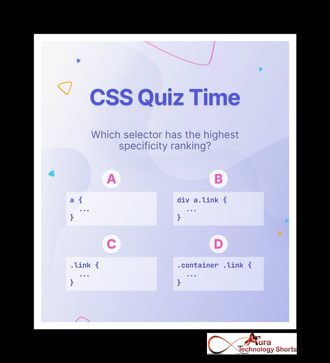 Auratechno72007's tweet image. Quiz time
................
#cssquiz #webdevelopment #frontenddev #codingchallenge #learncss #csslearning #webdesign #htmlcss #csspractice #codinglife #programmingskills #developertips #webdev #codingisfun #webdesigner