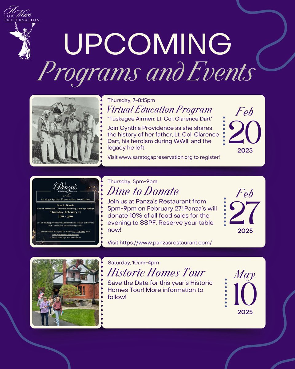 📅Mark your calendars for our upcoming Programs &amp; Events in February! Visit our website saratogapreservation.org to learn more. 

Plus, Save the Date for our Historic Homes Tour, on Saturday, May 10!🏡🌼