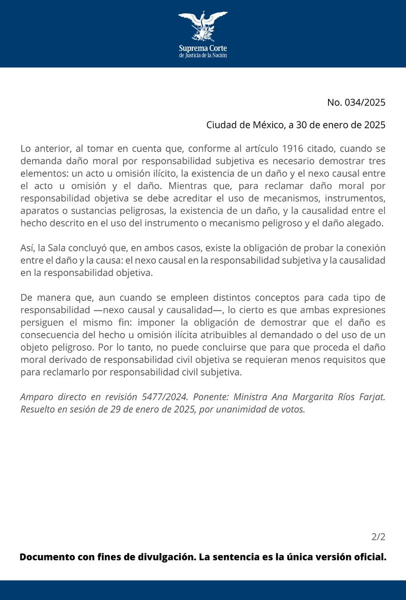 SCJN's tweet photo. La #PrimeraSalaSCJN resolvió que la exigencia de acreditar la conexión entre el daño y la causa para que proceda la acción de daño moral aplica tanto para la responsabilidad civil objetiva como para la subjetiva. https://t.co/rdIV4euw5M https://t.co/VyC7jFt2NH