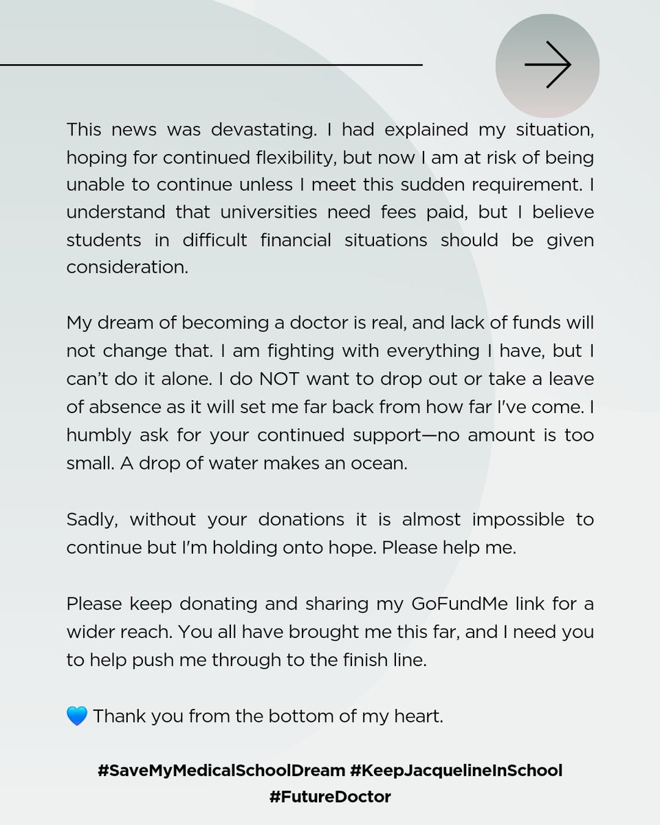 exquisitejacky's tweet photo. I'm getting closer to becoming a doctor, but right now, the road just got tougher. My school won’t let me continue unless I pay more out of my fees, and I can’t do it alone. Please help me stay in medical school—every donation, every share means the world to me. https://t.co/Jd9t2irAQb