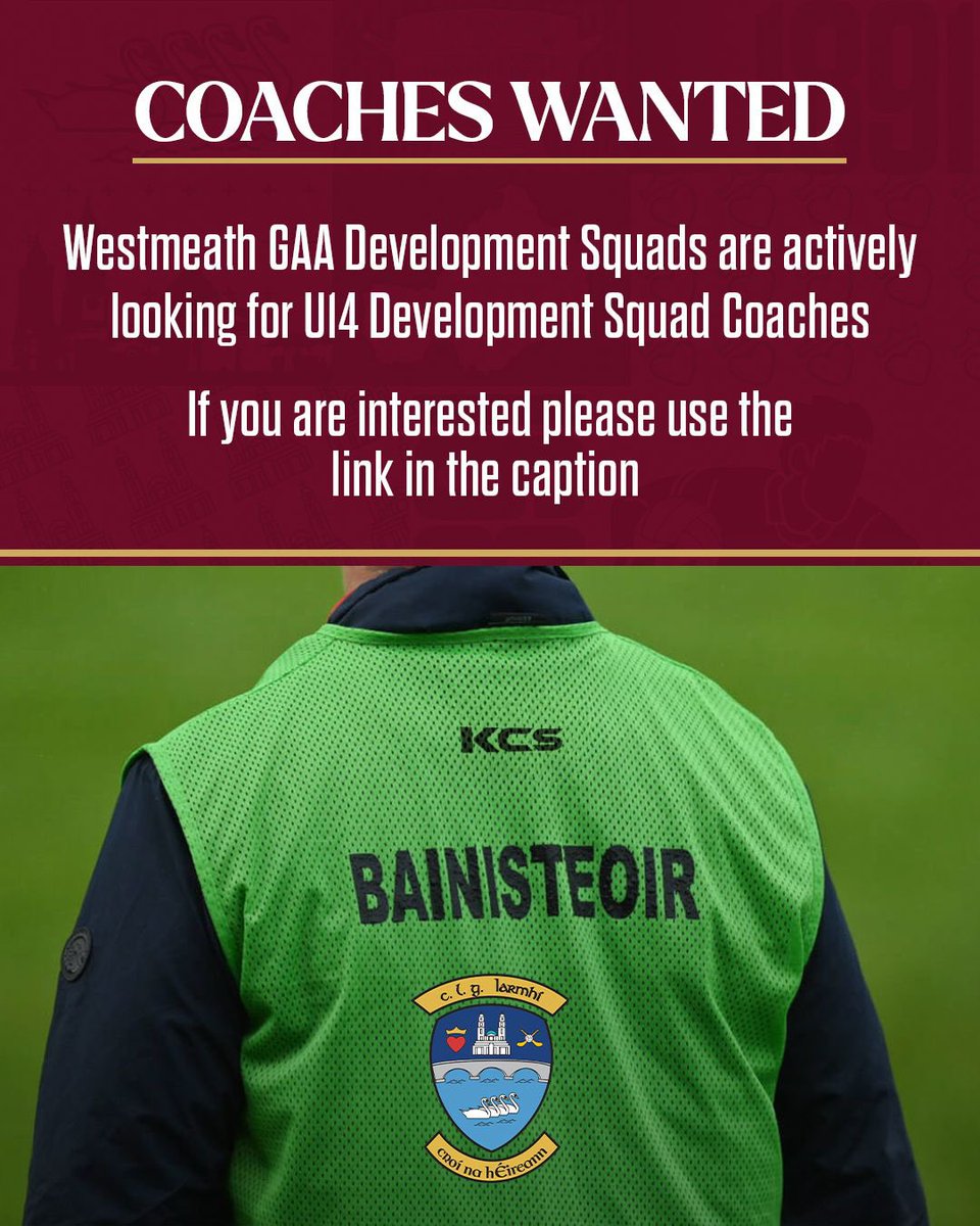 Westmeath GAA development squads are actively looking for coaches for the U14 development squad🏐🥎

If you are interested please fill out the form at the link below ⬇️📄

forms.office.com/e/e6FjE1eKm2

#iarmhiabu #westmeathgaa