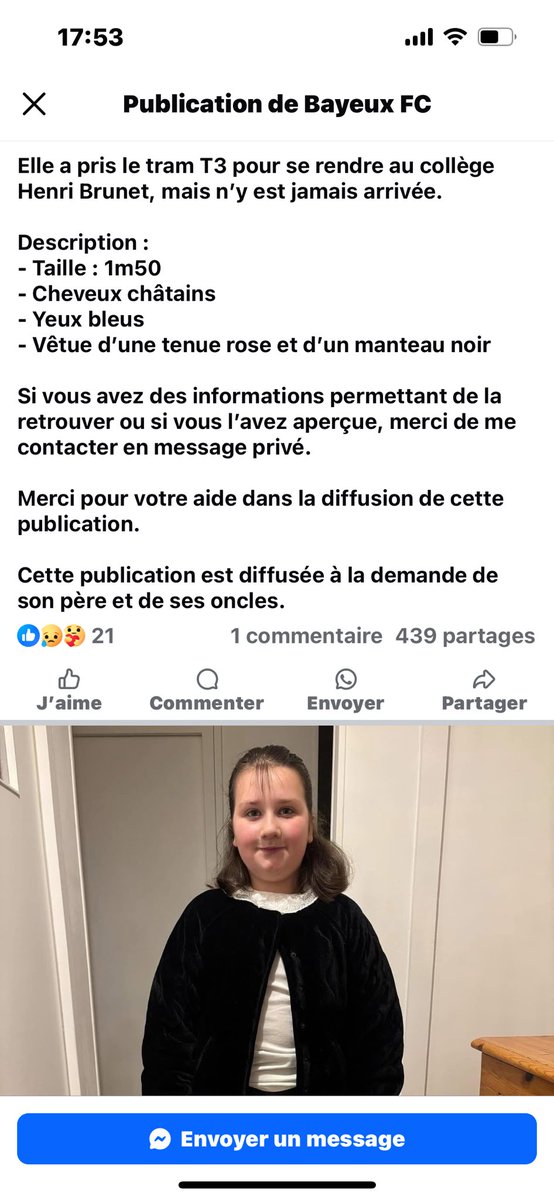 ALERTE!! 

[Avis de disparition inquiétante] 
Une jeune fille de 11 ans recherchée à Caen

Depuis ce matin, 7h30, une jeune fille de 11 ans est portée disparue à Caen.

Elle a pris le tram T3 pour se rendre au collège Henri Brunet, mais n’y est jamais arrivée.

RT APPRÉCIES 🙏🏻🙏🏻