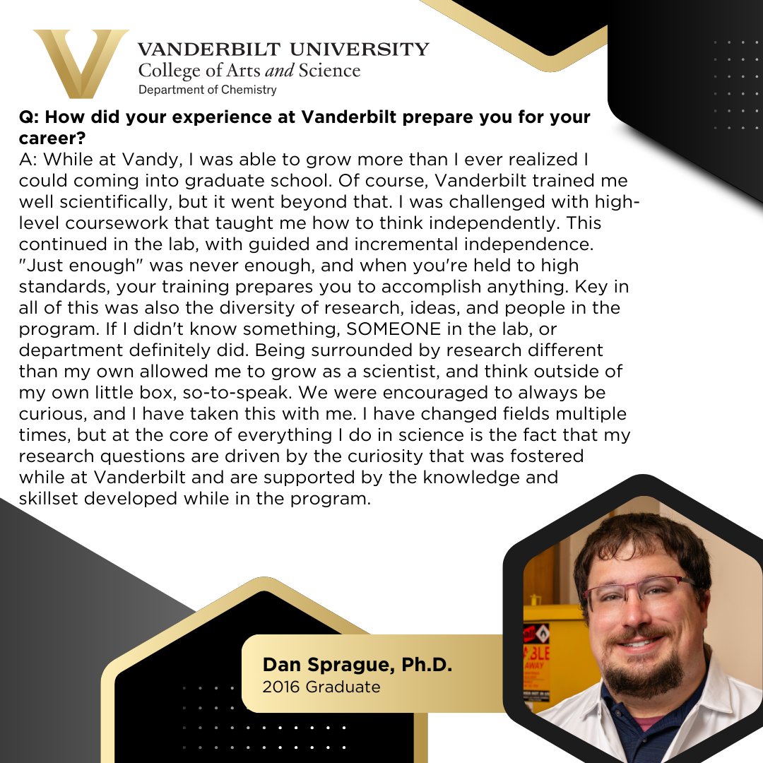 VanderbiltChem's tweet photo. Alumni Spotlight: Dan Sprague, PhD (Asst. Prof. of Biochemistry &amp; Molecular Biology, Medical University of SC)
This Friday's spotlight highlights one of our remarkable alumni, Dr. Dan Sprague! Learn more about his experience in the program, his career and his advice for students! https://t.co/fWw0evi8Ue