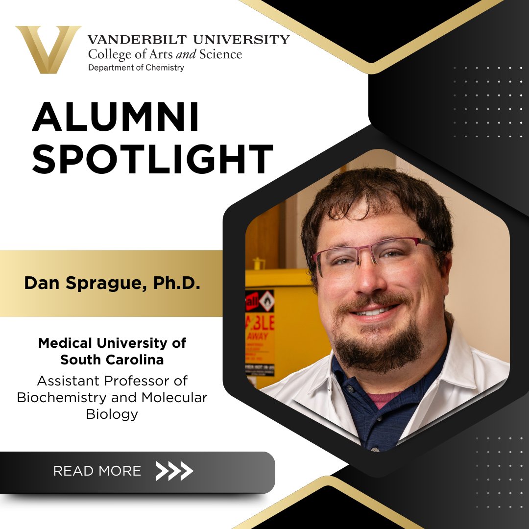 VanderbiltChem's tweet photo. Alumni Spotlight: Dan Sprague, PhD (Asst. Prof. of Biochemistry &amp; Molecular Biology, Medical University of SC)
This Friday's spotlight highlights one of our remarkable alumni, Dr. Dan Sprague! Learn more about his experience in the program, his career and his advice for students! https://t.co/fWw0evi8Ue
