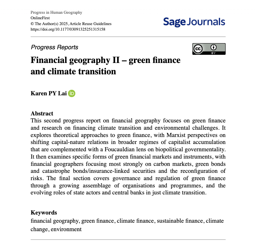 Karen P. Y. Lai (@karenpylai) on Twitter photo Progress report 'Financial geography II - #GreenFinance and #climate transition' is now online (open access): journals.sagepub.com/doi/10.1177/03…
With thanks to <a href="/curiosfinance/">Sabine Dörry</a> Sarah knuth <a href="/feliciahmliu/">Felicia H M Liu 廖皓明</a> for useful discussion and suggestions. Progress report 'Financial geography II - #GreenFinance and #climate transition' is now online (open access): journals.sagepub.com/doi/10.1177/03…
With thanks to <a href="/curiosfinance/">Sabine Dörry</a> Sarah knuth <a href="/feliciahmliu/">Felicia H M Liu 廖皓明</a> for useful discussion and suggestions.