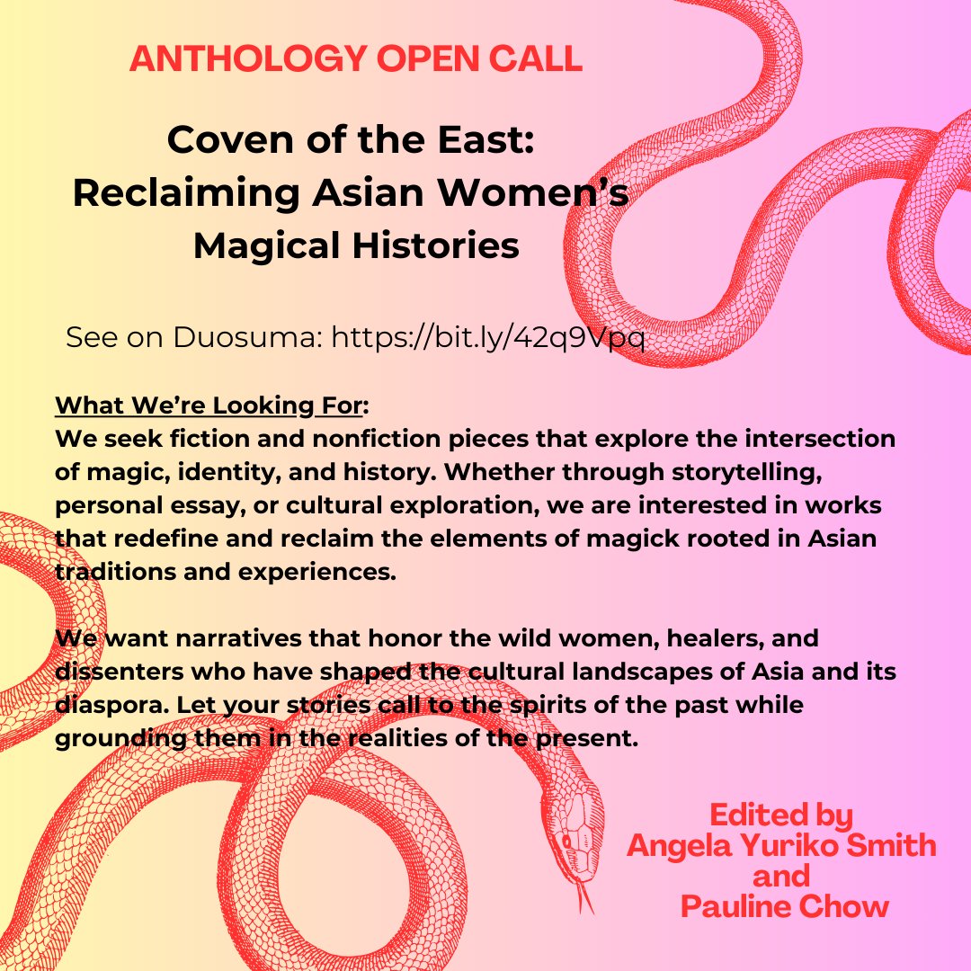 AngelaYSmith's tweet photo. ✨ Writers wanted! ✨
Coven of the East seeks stories of witches, myths & dark magic! Edited by Pauline Chow & Angela Yuriko Smith.
🖊️ Submit now → https://t.co/tatJUIgdhD
#CovenOfTheEast #OpenSubmissions #WriteWithUs #RAOS #Authortunities https://t.co/fJQOk1fPfV