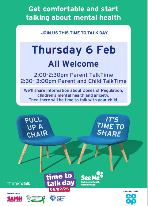 Join us next Thursday (6th Feb) for our Time To Talk Event. Parents and carers are welcome from 2:00pm onwards. Further details are in the flyer <a href="/LoveWestLothian/">West Lothian Council</a> <a href="/SAMHtweets/">SAMH</a> #TimeToTalk
