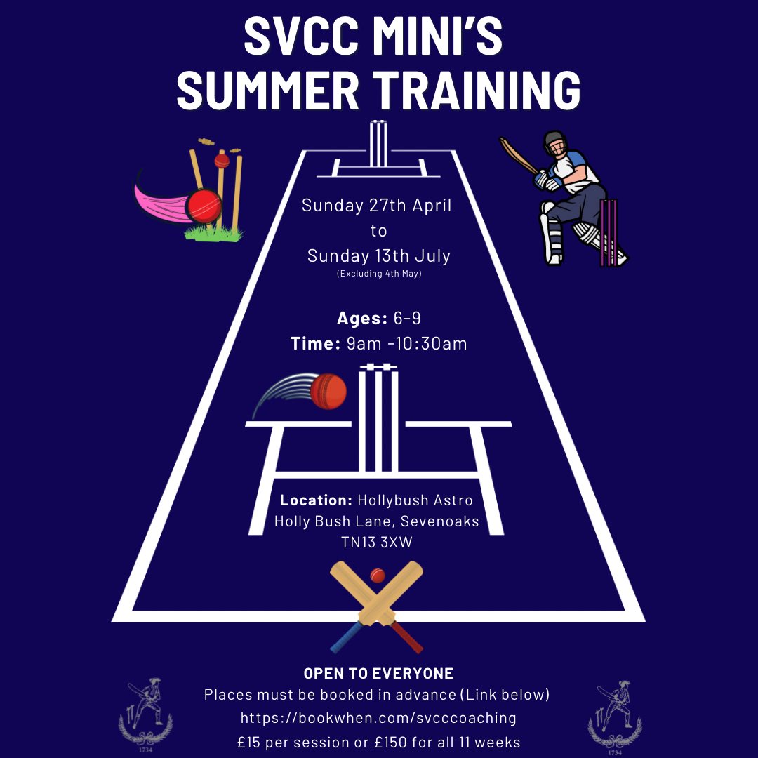 SVCC Mini’s 2025

Dates for Mini’s are now announced and as above - join us on a Sunday morning at Hollybush Astro for age 6-9 Mini’s cricket!

Sign up via the link above or coaching link in our bio now!!

#svcc1734

bookwhen.com/svcccoaching